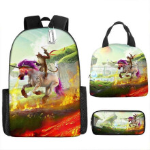 (17-inch backpack) Children's Backpack Three-Piece Set for Primary and Secondary School Students: Cartoon Lunch Bag and Anime Pencil Case