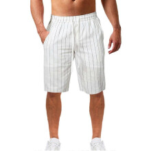 (XL) Men's vertical striped drawstring elastic waist cotton and linen beach pants casual shorts A714
