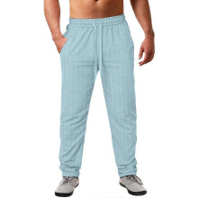(L) Men's Vertical Striped Drawstring Elastic Waist Cotton and Linen Beach Pants Casual Pants