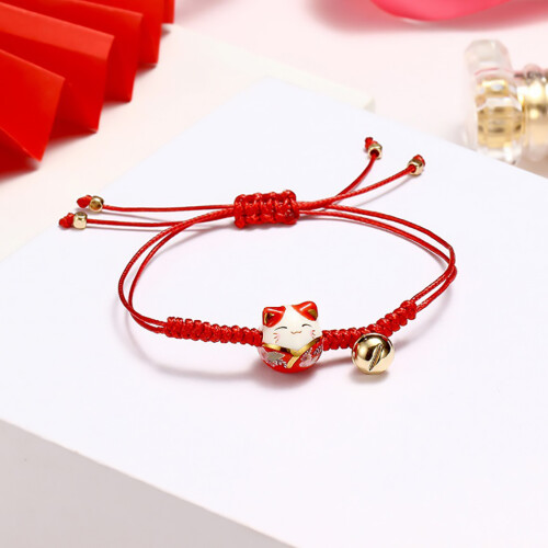 Ρυθμιζόμενο βραχιόλι Maneki Neko, κεραμικό γούρι Feng Shui με τη τυχερή γάτα για δώρο σε 2