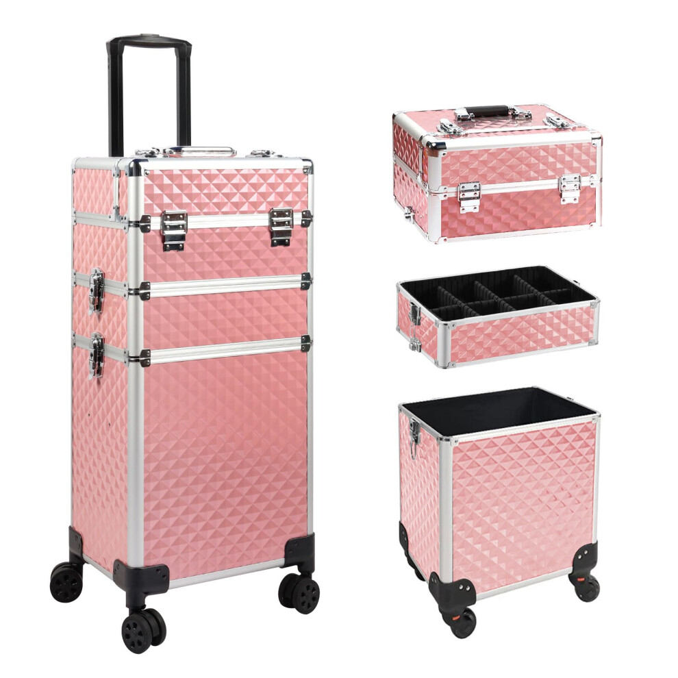 Pink Rolling Makeup Train Case 3 In 1 Large Capacity Lockable Aluminum Cosmetic Trolley With Wheels For Salon And Travel