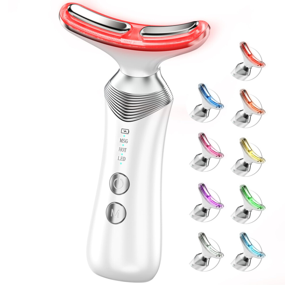 9in1 Red Light Therapy Facial Massager for Face and Neck with 9 Colors, Heat and Vibration, White
