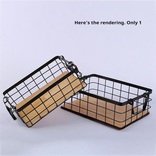 Double-Ear Rectangular Kitchen Storage Basket Handle Basket Wrought Iron Basket Solid Wood Bottom Fruit Basket 1