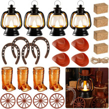 24Pcs Cowboy Theme Party Decoration, Cowboy Hat Lantern Horseshoe Wagon Wheel Hay Bales for Western Wedding Birthday