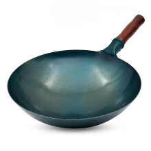 14 Inch Round Bottom Carbon Steel Wok, Traditional Hand Hammered Stir Fry Pan, Blue Roasted Finish