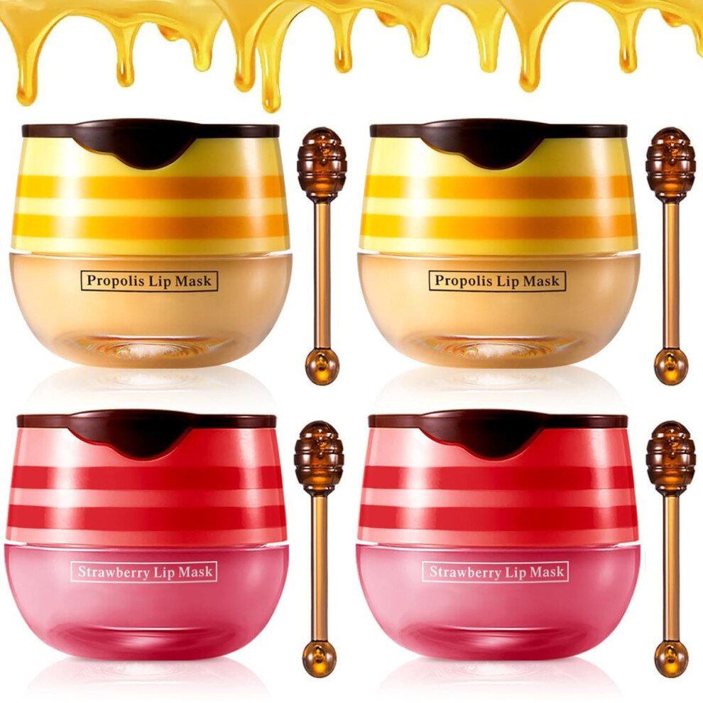 Honey and Strawberry Lip Balm and Lip Mask Set with Vitamin E for Deep Hydration and Overnight