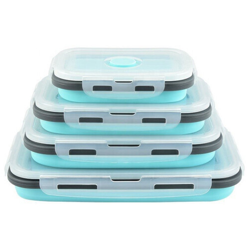 Silicon Lunch Box Flat Stacks Foldable Food Storage Containers with Lids Leftover Meal Box for Kitchen 4 Pack