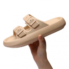 (38 to 39, Khaki) Women\'s Flat Sandal Double Buckle Adjustable Slides Pillow Slippers For Indoor And Outdoor