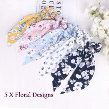 Accesorii vintage, suport pentru coadă de cal cu imprimeu de fular și model floral cu pompoane, elastice de păr din șifon 2 în 1, eșarfă