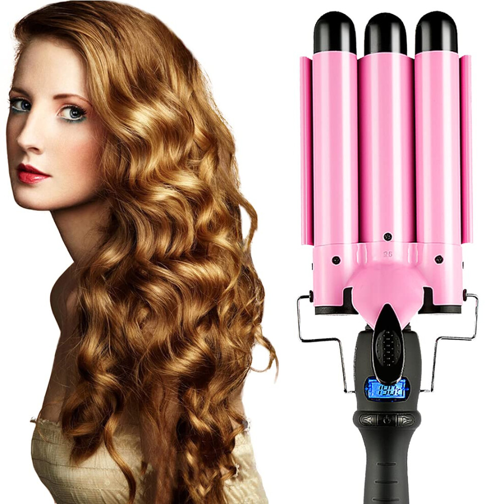 Pink 1 Inch Triple Barrel Curling Iron Hair Waver, Ceramic Fast Heating Wand With Temp Control