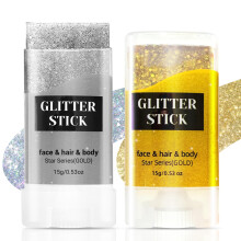 2PCS Body Glitter Stick Waterproof Roll On Gel for Face Hair Skin with Star and Round Sequins