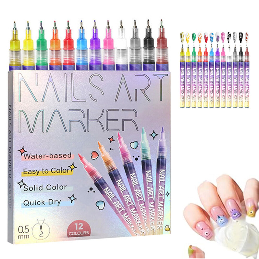 12 Colors Nail Art Pens Set with 0.5mm Precision Tip, Quick Dry Markers for Gel Nails Drawing