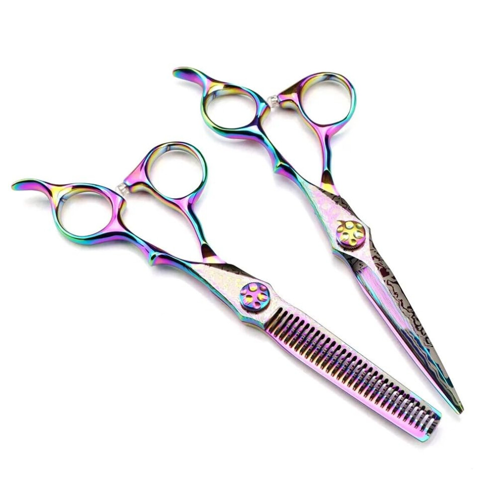 Hairdressing Scissors 6 Inch Rainbow Damascus Steel Professional Barber Shears Ergonomic Grip