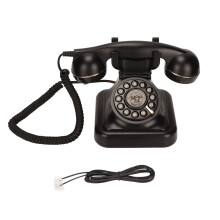 Klassisk kablet bordtelefon i retrodesign, mekanisk klokke, vintage fastnettelefon med lydstyrkekontrol og moderne funktioner til hjemmebrug