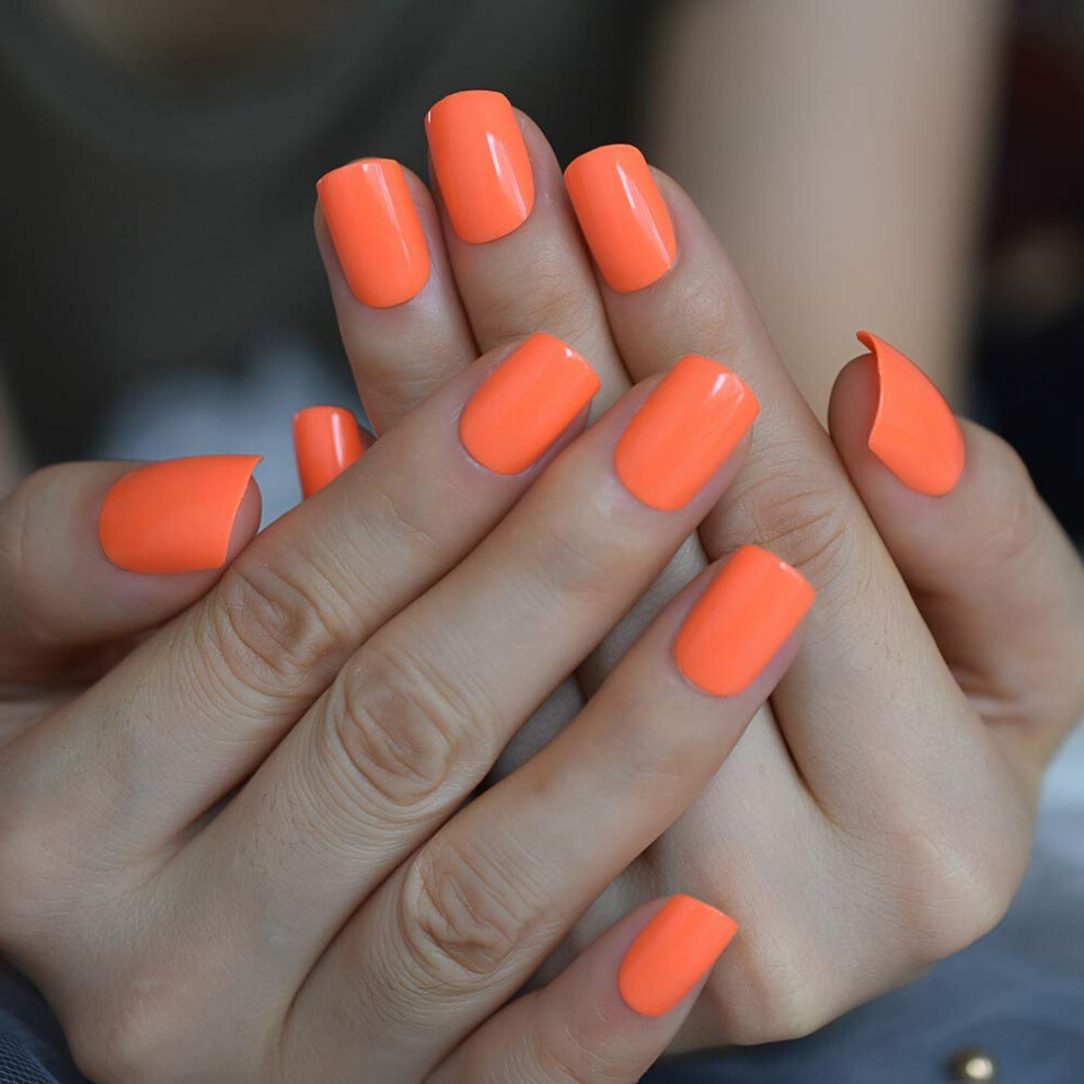 Orange Short Square Press On Nails 24Pcs Reusable Abs Fake Nails For Women Instant Salon Look