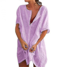 (L, Light Purple) Womens Linen Short Sleeve Shirt Top Mid Length