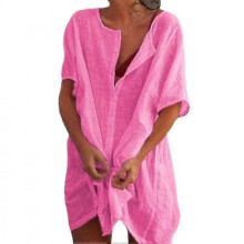 (M, Pink) Womens Linen Short Sleeve Shirt Top Mid Length