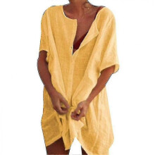(M, Yellow) Womens Linen Short Sleeve Shirt Top Mid Length