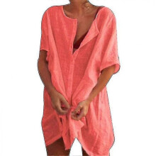 (S, Red) Womens Linen Short Sleeve Shirt Top Mid Length