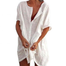 (S, White) Womens Linen Short Sleeve Shirt Top Mid Length