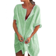 (S, Light Green) Womens Linen Short Sleeve Shirt Top Mid Length