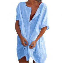 (S, Blue) Womens Linen Short Sleeve Shirt Top Mid Length