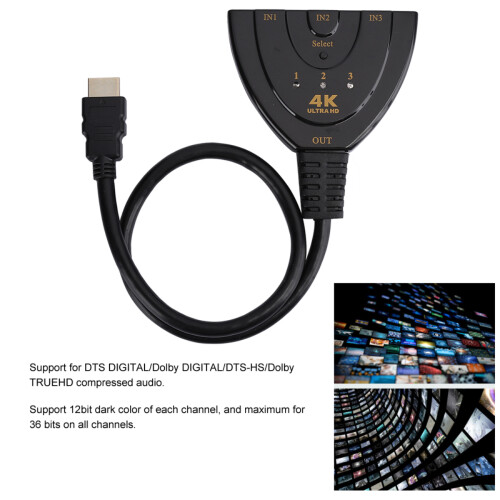Διανομέας HDMI 3 σε 1 εξόδου, διακόπτης HDMI 4K, 3 θυρών με καλώδιο Pigtail, υποστήριξη 1