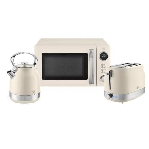 Swan Retro Kitchen Set, 1.7L Rapid Boil Traditional Kettle, 2 Slice Toaster and 20L Microwave, Cream, SK14631C & ST19028C & SM4425CRM, EEJB356