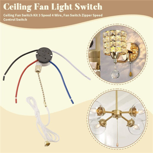 Ceiling Fan Switch Kit 3 Speed 4 Wire, Fan Switch Zipper Speed Control Switch, ZE-208S Pull Wire Switch with Rope Gold 1