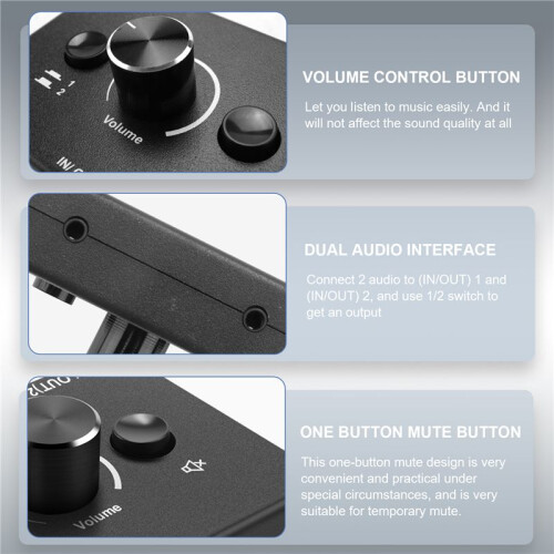 3,5 Mm Audio Switcher, 2 Input 1 Output/1 Input 2 Output Audio Splitter Switcher, Audio Switcher Box, One-Key Mute-Knapp 2