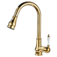 Gold Kitchen Faucet with Pull Down Sprayer, Brass Single Handle Tap, Dual Spray Modes, 360 Swivel