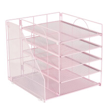 5-Tiered Metal File Letter Tray With Book Rack Space-Pink