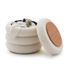 Round Storage Ottoman with Flip , Sherpa Footstool, Teddy Fleece Vanity Stool, White 18 Inch