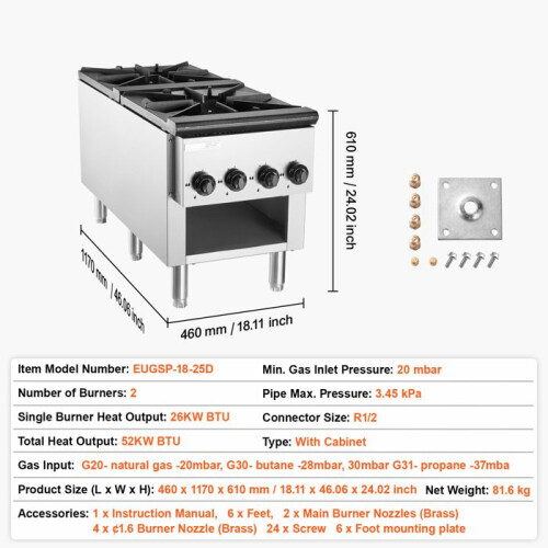 Gasherd - DUOKU - EUGSP-18-25D - 2 Brenner - 52 kW - Edelstahl 1