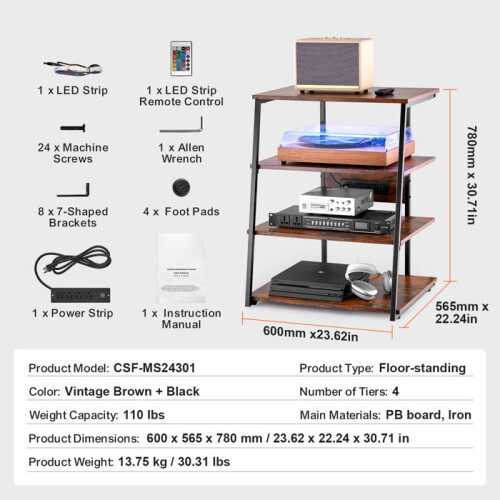 Supporto Multimediale AV - DUOKU - CSF-MS24301 - 4 Livelli - Scaffali Regolabili - Luci LED 1