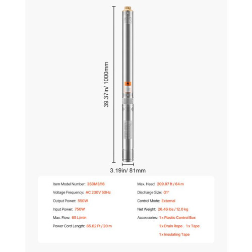 Dompelpomp - DUOKU - 3SDM3/16 - 550 W - 64 m Hoogte - RVS 1