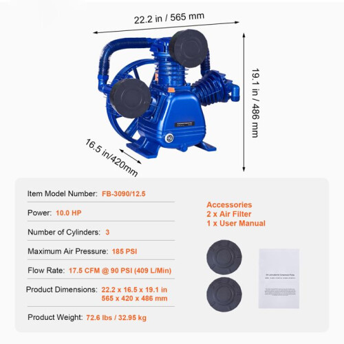 Compressor - DUOKU - Pompkop 10HP - 17,5cfm - 90psi - 3 Geoliede Cilinders 1