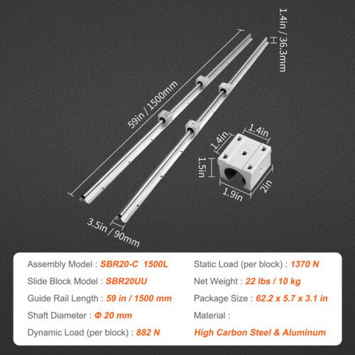 Set di Guide Lineari-Duoku-SBR20 1500 mm-2 Guide e 4 Blocchi Scorrevoli-Kit di Guide Lineari e Cuscinetti 1