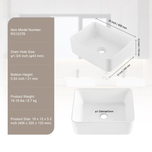 Lavabo Rectangular - DUOKU - RS1237B - 16" x 12" - Cerámica - Blanco 1
