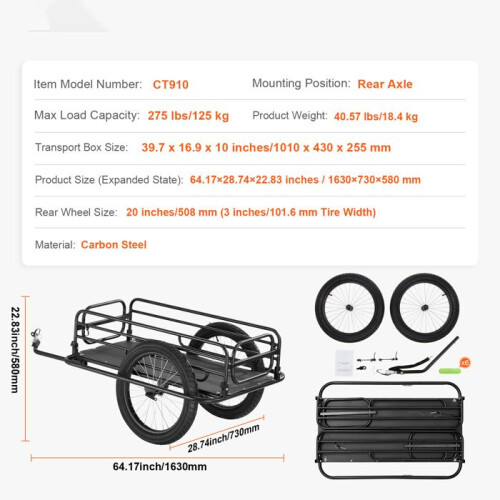 Reboque de Bicicleta - DUOKU - CT910 - Capacidade 275 lb - Dobrável e Compacto - Rodas de 20 polegadas 1