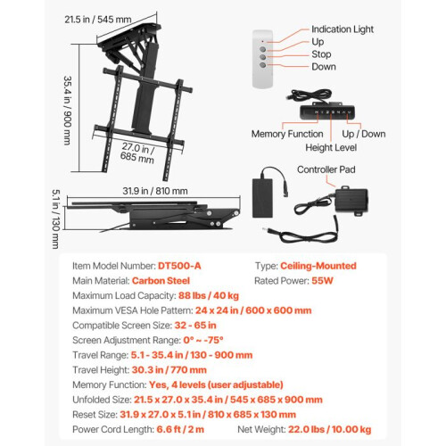 Suporte de Teto Motorizado - DUOKU - DT500-A - 32 a 65 polegadas - Capacidade 40 kg - Ajustável 0 a -75 1