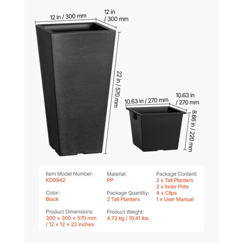 Vasi - DUOKU - Set di 2 - 55 cm - Neri - Design Moderno - Drenaggio Integrato 1