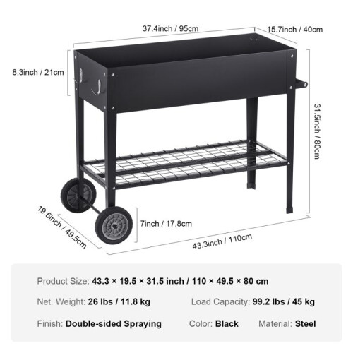 Jardineira - DUOKU - 42,5 x 19,5 x 31,5 polegadas - Metal Galvanizado - Preto - Retangular 1