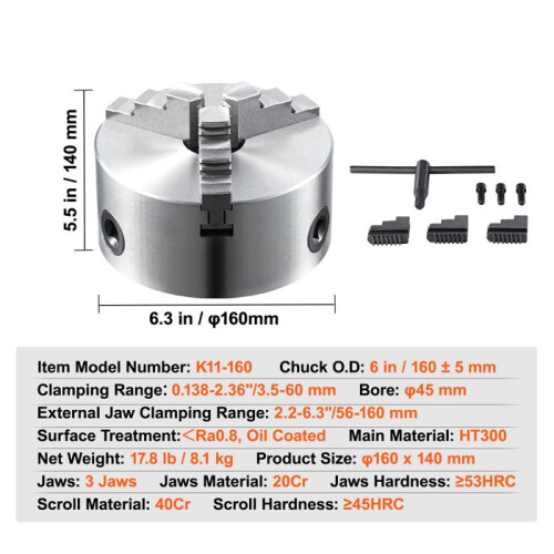 Mandril de Torno-Duoku-a 3 Mandíbulas 6" Auto-Centrante Faixa de Aperto de 0,14 a 6,3 Polegadas Mandíbulas Reversíveis 1