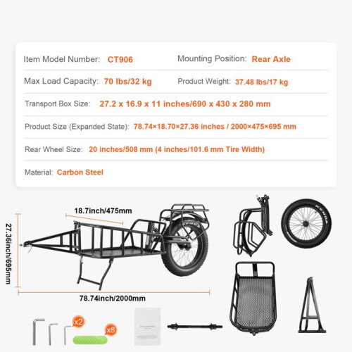 Reboque de Bicicleta - DUOKU - CT906 - Capacidade 70 lb - Rodas de 20 polegadas - Aço carbono 1