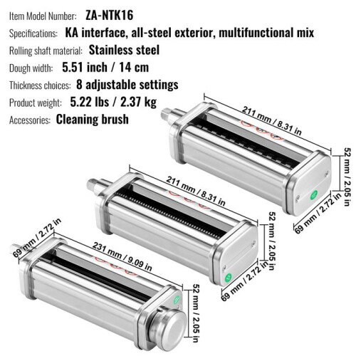 Pastamaker - DUOKU - ZA-NTK16 - Set van 3 - Roestvrij staal - Compatibel met KitchenAid mixer 1