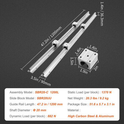 Guide lineari - DUOKU - SBR20-C 1200L - 1200 mm - 4 blocchi SBR20UU - Ø20 mm 1