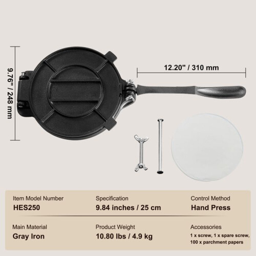 Prensa para Tortilla - DUOKU - HES250 - Ferro pré-temperado - 25 cm (10") - 100 papéis sulfurizados 1
