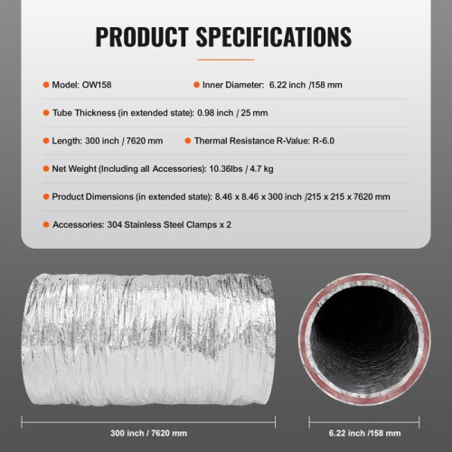 Duto de Ventilação - DUOKU - Modelo OW158 - Flexível Isolado - 152,4 mm - Comprimento 7,62 m 1