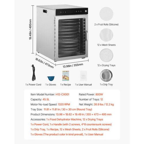 Lebensmittel-Dehydrator - DUOKU - H12 - Edelstahl - 12 Tabletts - 800 W - Einstellbare Temperatur 1